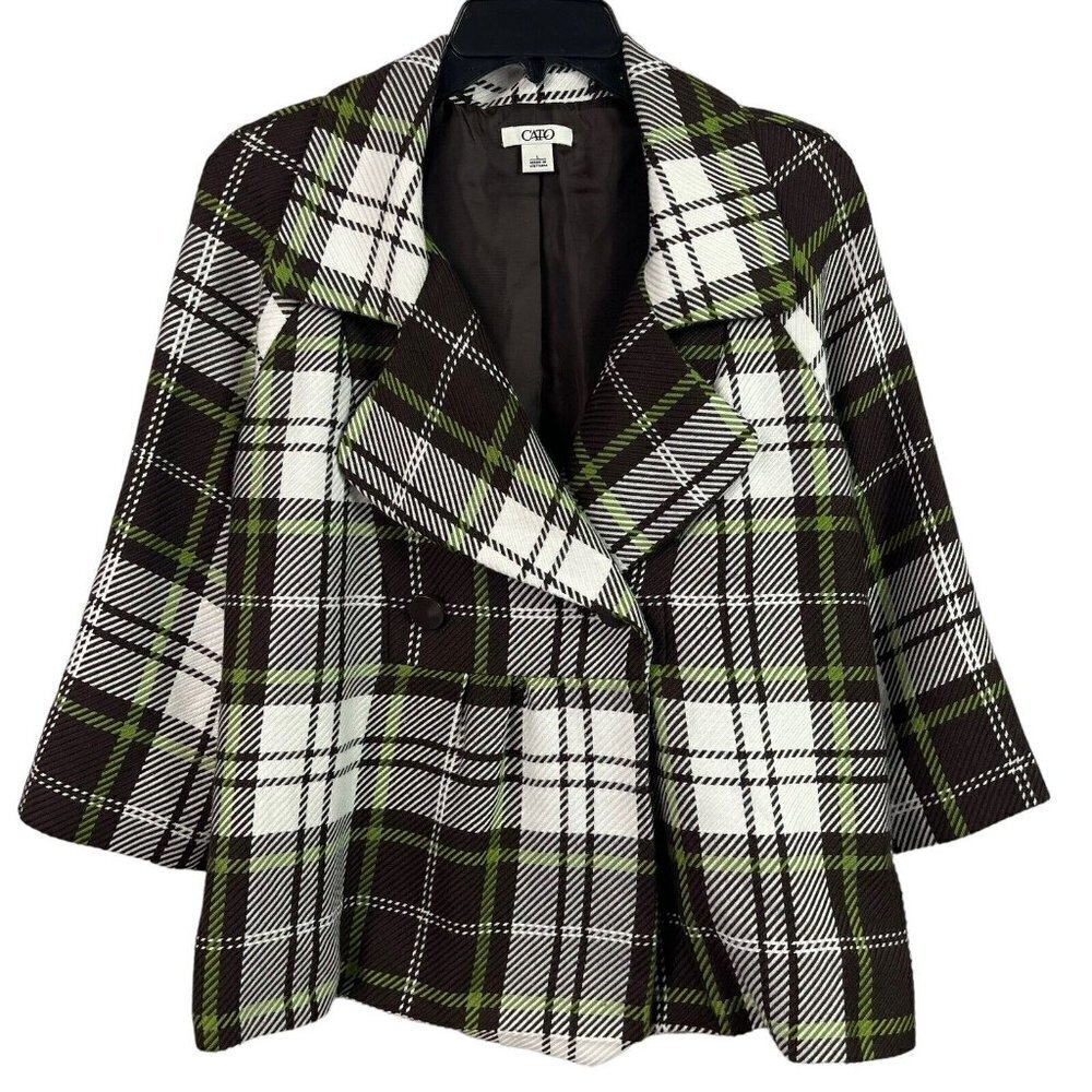 Cato Womens Cropped Lined Jacket Brown White Plaid 3/4 Sleeve Large